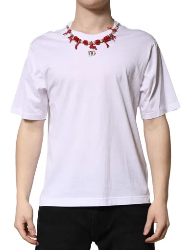Dolce & Gabbana White Embellished Cotton Crew Neck T-shirt In Brown