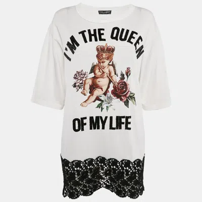 Pre-owned Dolce & Gabbana White Embellished Cotton Lace Overlay Oversized T-shirt S