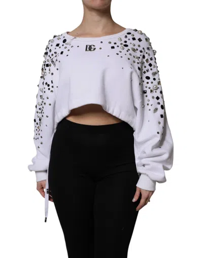 Dolce & Gabbana White Embellished Long Sleeve Cropped Women's Sweater