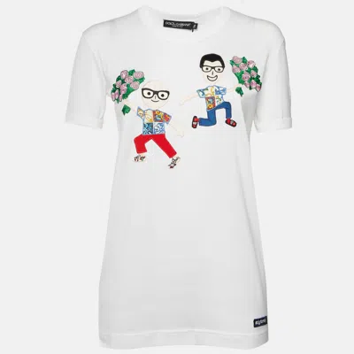 Pre-owned Dolce & Gabbana White Embroidered Cotton Half Sleeve T-shirt Xs