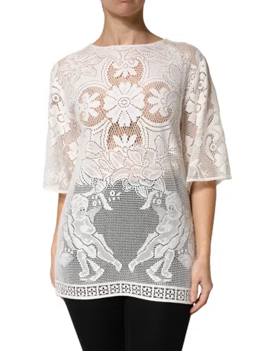 Dolce & Gabbana White Embroidery Lace Cotton Blouse Women's Top