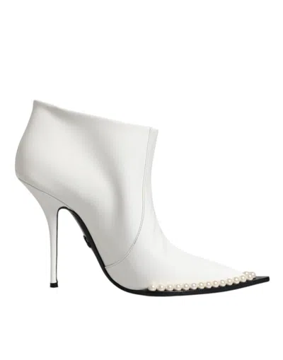 Pre-owned Dolce & Gabbana White Faux Pearl Leather Pointed Toe Ankle Boot Women's Shoes ()