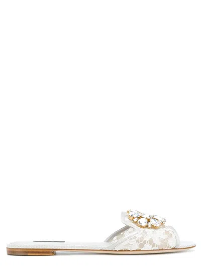 Dolce & Gabbana Bianca Crystal Embellished Lace Flat Sandals In White
