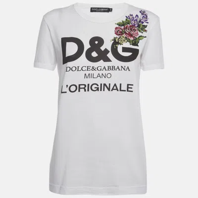 Pre-owned Dolce & Gabbana White Floral Appliqué Jersey Crewneck T-shirt Xs
