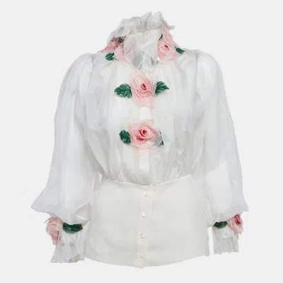 Pre-owned Dolce & Gabbana White Floral Applique Organza Silk Sheer Blouse Xs
