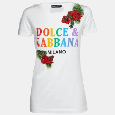 Pre-owned Dolce & Gabbana White Floral Appliqued Cotton Crew Neck T-shirt S