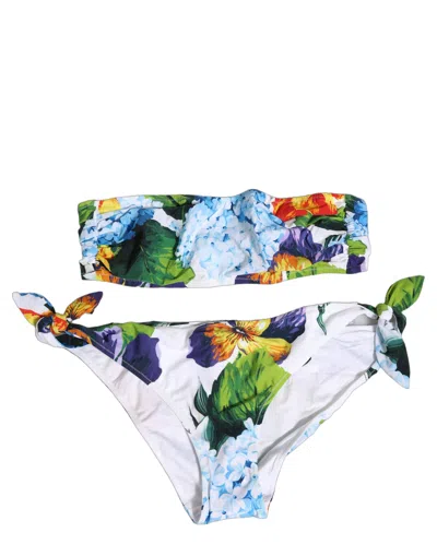 Pre-owned Dolce & Gabbana White Floral Bandeau Brief Two Piece Women's Swimwear ()