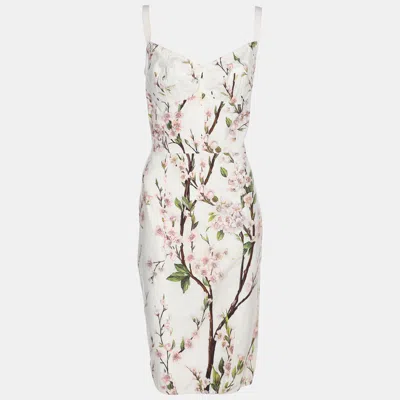 Pre-owned Dolce & Gabbana White Floral Cotton Bustier Midi Dress M