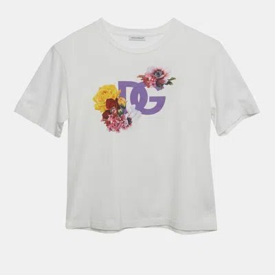 Pre-owned Dolce & Gabbana White Floral Dg Logo Cotton Knit T-shirt 11/12 Yrs