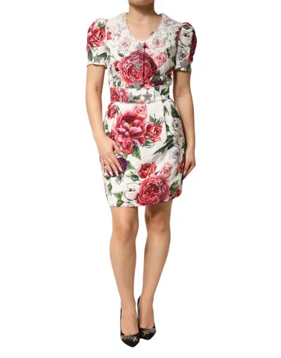 Dolce & Gabbana White Floral Embellished Sheath Mini Dress In Neutral