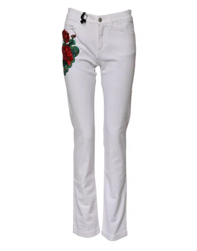 Dolce & Gabbana White Floral Embroidery Girly Denim Women's Jeans
