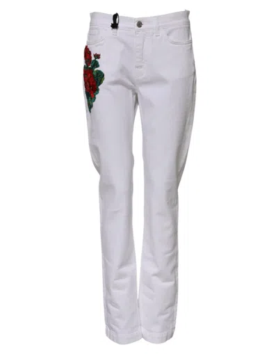 Pre-owned Dolce & Gabbana White Floral Embroidery Girly Denim Women's Jeans ()
