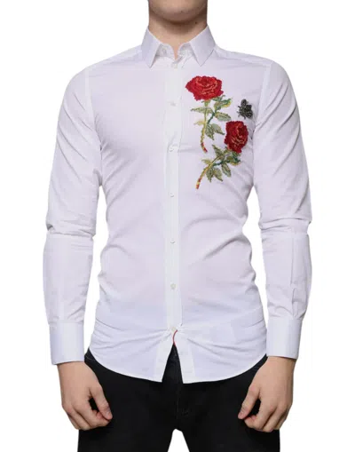 Pre-owned Dolce & Gabbana White Floral Embroidery Gold Men Dress Men's Shirt ()