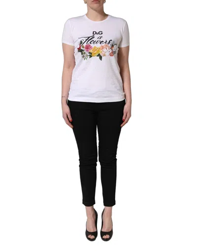 Pre-owned Dolce & Gabbana White Floral Graphic Short Sleeve Crew Neck Women's T-shirt ()