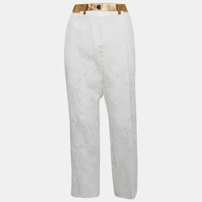 Pre-owned Dolce & Gabbana White Floral Jacquard Contrast Trimmed Trousers M