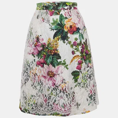 Pre-owned Dolce & Gabbana White Floral Jacquard Lace-trimmed Skirt Xs