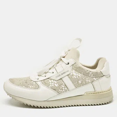 Pre-owned Dolce & Gabbana White Floral Lace And Leather Low Top Sneakers Size 39