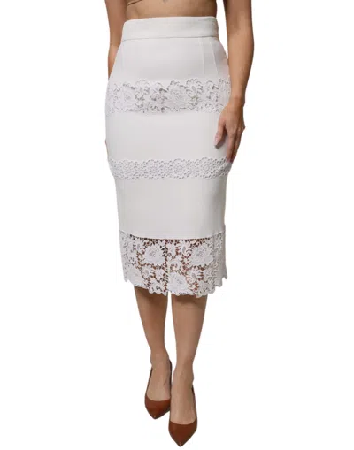 Pre-owned Dolce & Gabbana White Floral Lace High Waist Pencil Cut  Women's Skirt ()