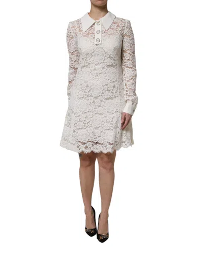 Pre-owned Dolce & Gabbana White Floral Lace Long Sleeves A-line Women's Dress ()