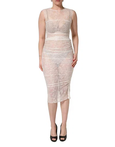 Dolce & Gabbana White Floral Lace Sheer Sleeveless Midi Dress In Neutral