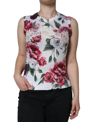 Pre-owned Dolce & Gabbana White Floral Lace Silk Sleeveless Tank Women's Top ()