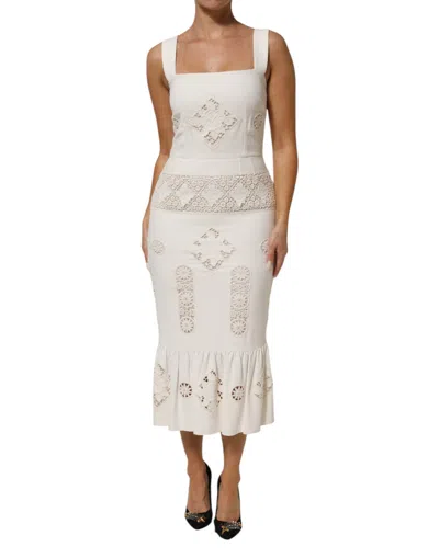 Pre-owned Dolce & Gabbana White Floral Lace Sleeveless Midi Women's Dress ()