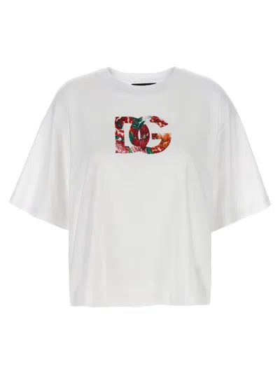 DOLCE & GABBANA WOMEN WHITE FLORAL LOGO T-SHIRT, M LUXURY T-SHIRTS FOR WOMEN DARVEYS