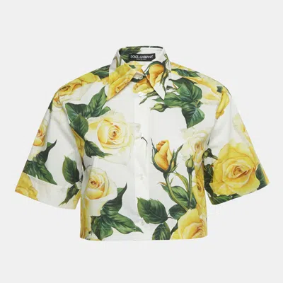 Pre-owned Dolce & Gabbana White Floral Print Cotton Cropped Shirt Xs