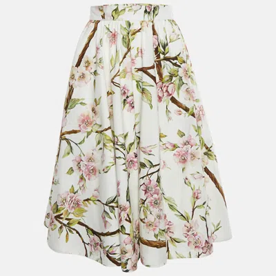 Pre-owned Dolce & Gabbana White Floral Print Cotton Flared Knee-length Skirt S