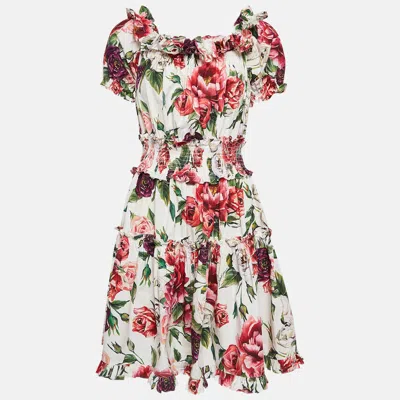 Pre-owned Dolce & Gabbana White Floral Print Cotton Ruffled Dress L