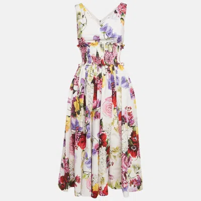 Pre-owned Dolce & Gabbana White Floral Print Cotton Smocked Sleeveless Midi Dress Xs