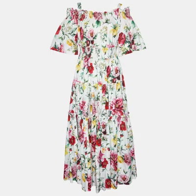 Pre-owned Dolce & Gabbana White Floral Print Cotton Tiered Maxi Dress M