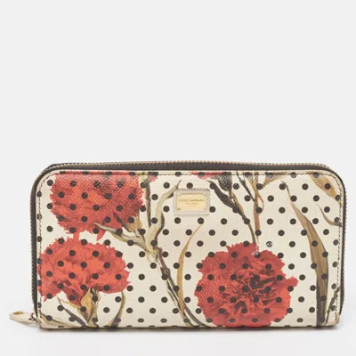 Pre-owned Dolce & Gabbana White Floral Print Leather Zip Around Wallet