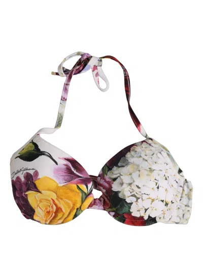 Dolce & Gabbana White Floral Print Nylon Beachwear Bikini Women's Top