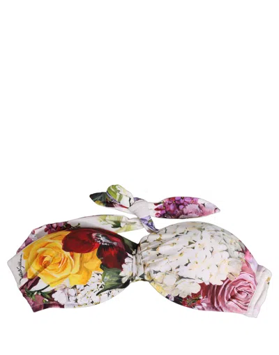 Dolce & Gabbana White Floral Print Nylon Beachwear Bikini Women's Top In Brown