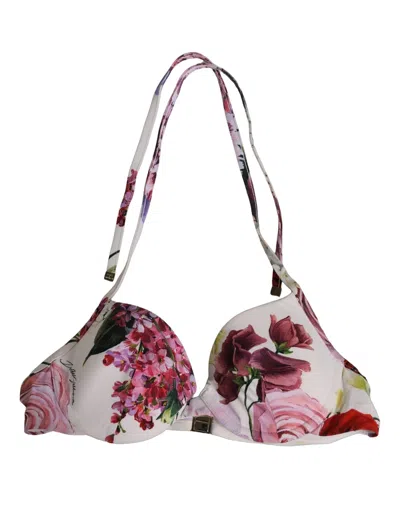 Dolce & Gabbana White Floral Print Nylon Beachwear Bikini Women's Top