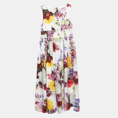 Pre-owned Dolce & Gabbana White Floral Print Poplin Smocking Effect Dress 11-12 Yrs In Blue