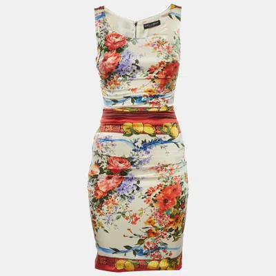 Pre-owned Dolce & Gabbana White Floral Print Silk Blend Ruched Mini Dress S