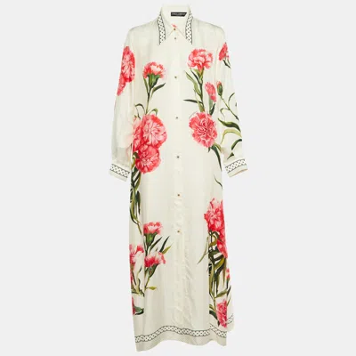 Pre-owned Dolce & Gabbana White Floral Print Silk Button Up Maxi Dress M