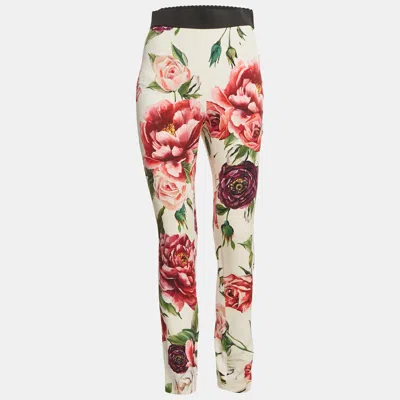 Pre-owned Dolce & Gabbana White Floral Print Silk Trousers M