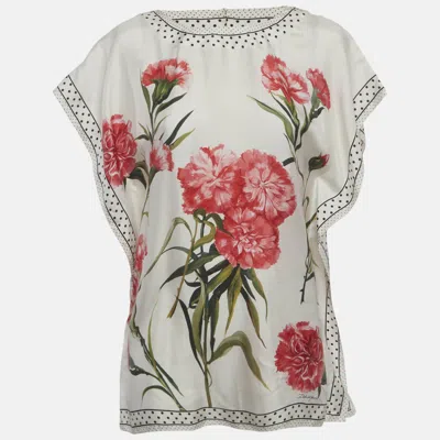 Pre-owned Dolce & Gabbana White Floral Print Silk Twill Bordered Blouse M