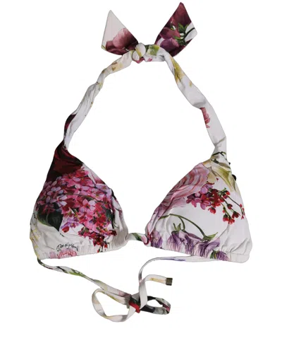 Dolce & Gabbana White Floral Print Triangle Beachwear Bikini Women's Top In Brown