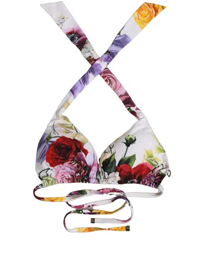 Dolce & Gabbana White Floral Print Triangle Beachwear Bikini Women's Top In Multi