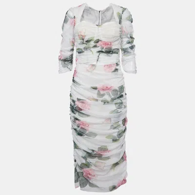 Pre-owned Dolce & Gabbana White Floral Print Tulle Ruched Midi Dress L