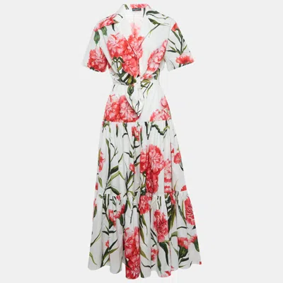 Pre-owned Dolce & Gabbana White Floral Printed Front Tie Cropped Shirt & Tiered Maxi Skirt M