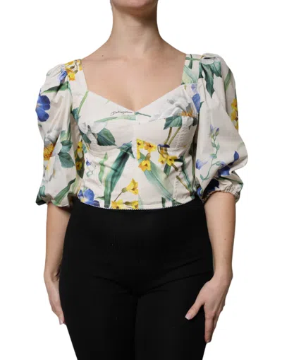 DOLCE & GABBANA DOLCE & GABBANA WHITE FLORAL PUFF SLEEVES CROP BLOUSE WOMEN'S TOP