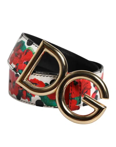 Dolce & Gabbana White Floral Reversible Dg Logo Buckle Belt