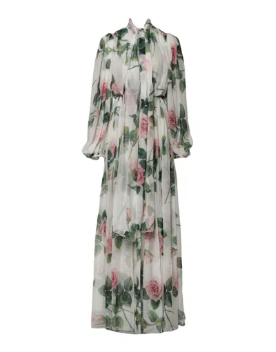 Pre-owned Dolce & Gabbana White Floral Roses Silk Maxi Long Gown Women's Dress ()