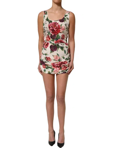 Pre-owned Dolce & Gabbana White Floral Sheath Sleeveless Mini Women's Dress ()