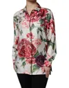 Dolce & Gabbana White Peony Silk Long Sleeves Collared Blouse Top